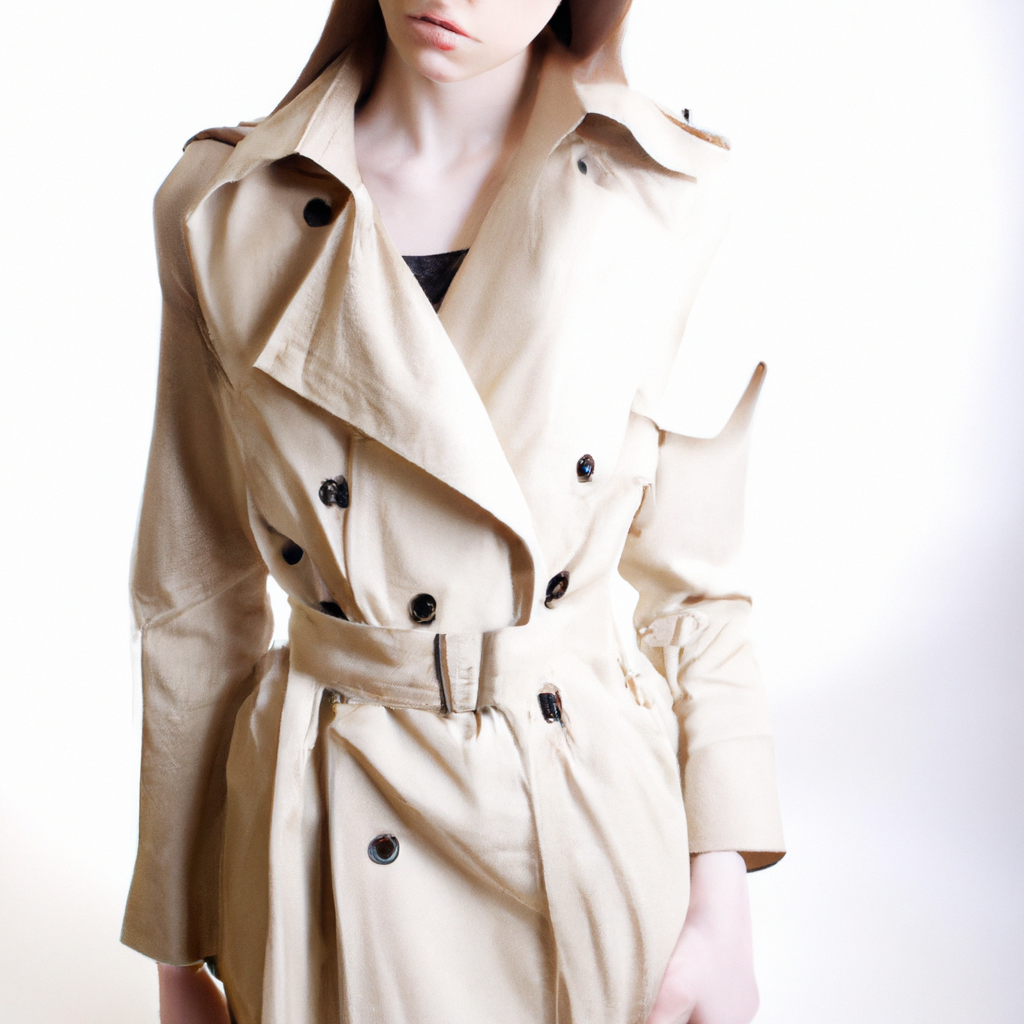 Fashion educator in neutral trench coat, studio portrait
